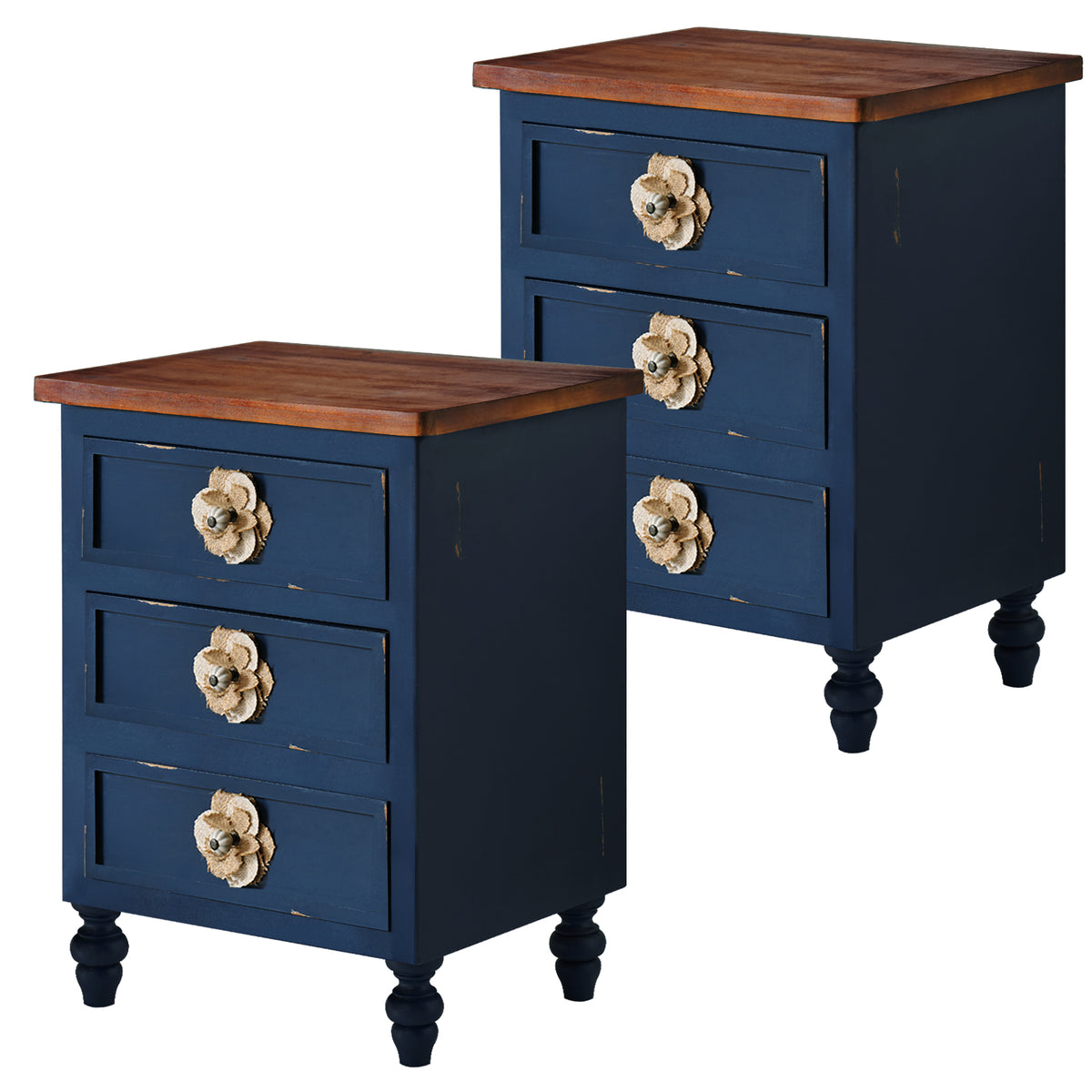 Vintage Farmhouse Nightstand with Floral Knobs, 3 Drawers, Antique Blue