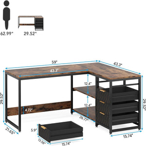 L-Shaped Computer Desk With Drawers and Shelves, Workstation for Home Office