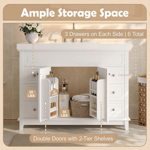 Bathroom Vanity Cabinet Only, 6 Soft Close Drawers & Double Doors With 2 Tier Shelves - White