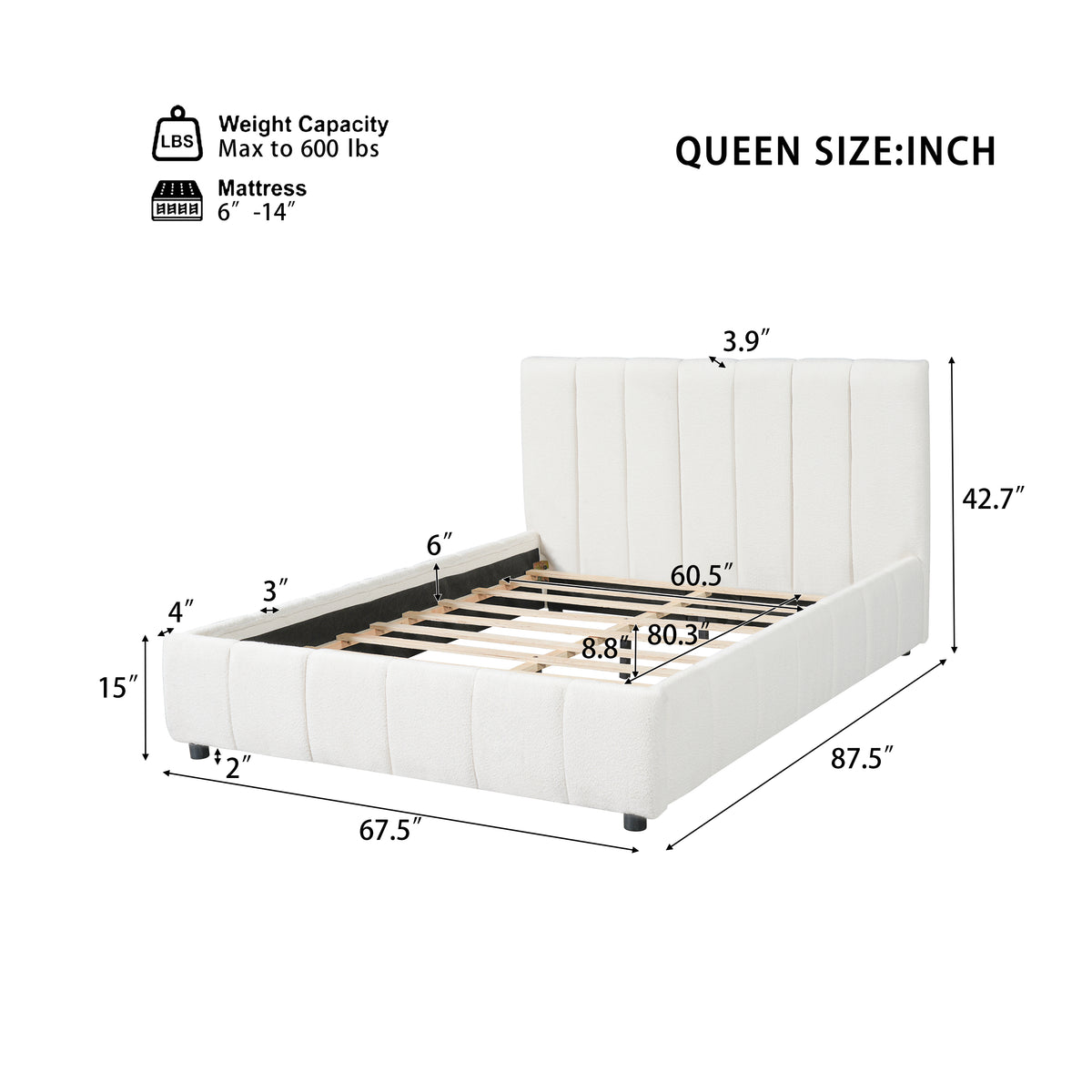 Queen Size Upholstered Bed Frame with Thick Fabric