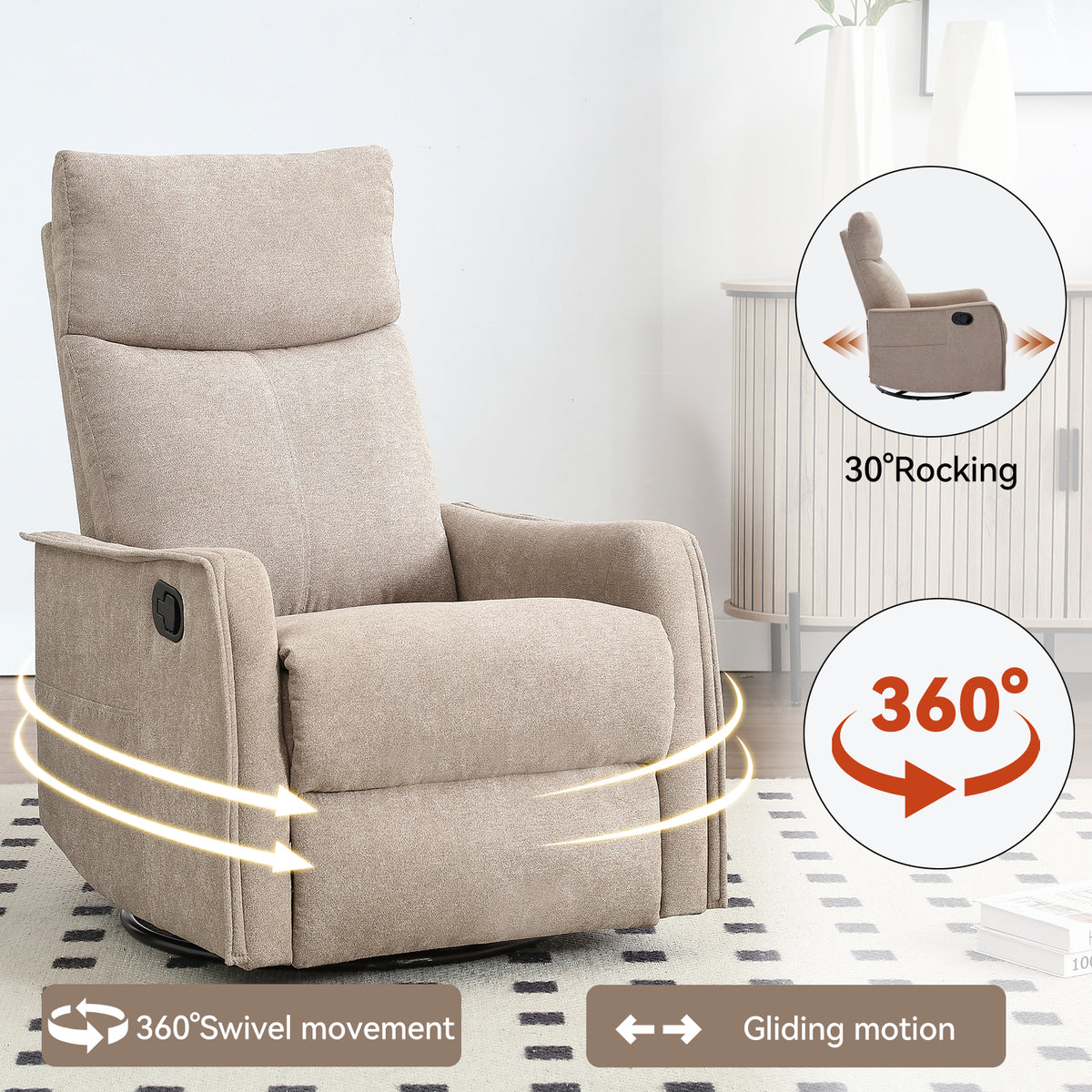Heat Massage Manual Recliner Chair with Rocker and Swivel in Khaki