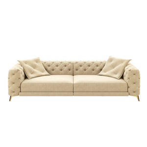 3 In 1 Convertible Sleeper Sofa, Pull Out Bed, Button Tufted, 4 Seater Couch With Movable Ottoman For Apartment - Apricot