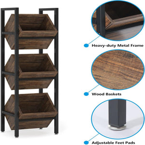 3 Tier Basket Stand With Angled Baskets, Vertical Storage Tower For Kitchen - Black