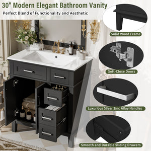 Modern Bathroom Vanity With Sink, Storage Cabinet, Soft Close Doors, Deep & Standard Drawers