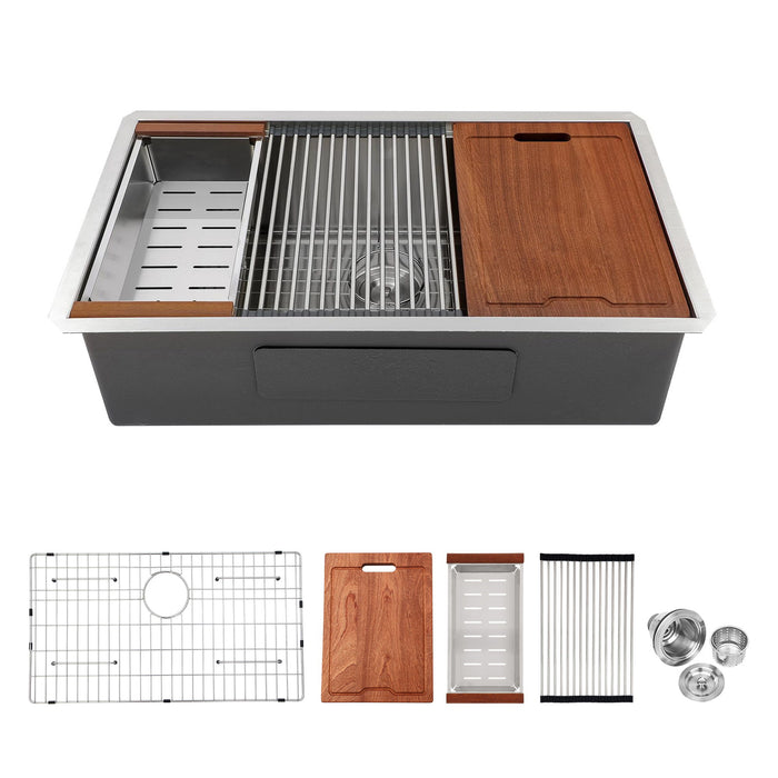 Black Single Bowl Undermount Workstation Kitchen Sink with Accessories