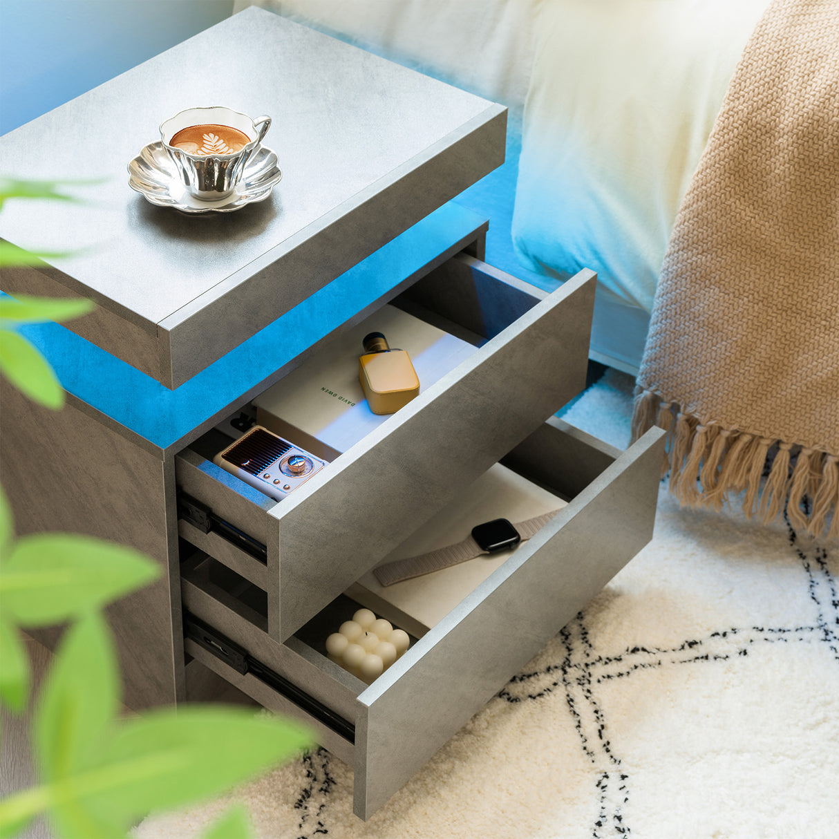 Modern LED Nightstand with 2 Drawers in Deep Gray