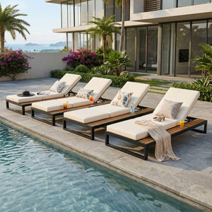 Black Iron & Teak Finish Chaise Lounge Set
