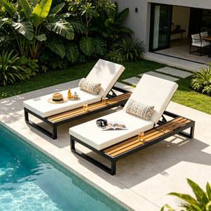 Black Iron & Teak Finish Chaise Lounge Set: 1 Frame + 1 2-Fold
