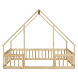 Wood House-Shaped Floor Bed With Fence, Guardrails