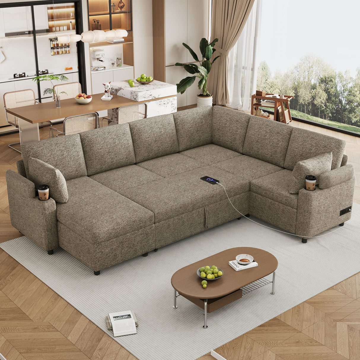 U-Shaped Sectional Sofa Bed with Storage, Charging Ports, and Cup Holders - Brown