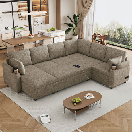 U-Shaped Sectional Sofa Bed with Storage, Charging Ports, and Cup Holders - Brown