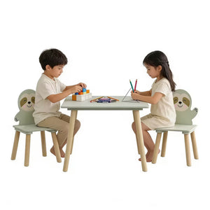 Sloth Themed Table And Chair Set With 2 Cute Animal Chairs - Natural Wood / Sage Green