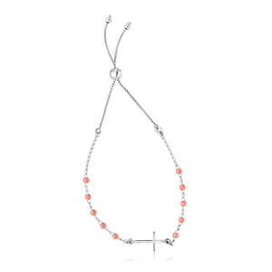 Sterling Silver White and Rose Finish Adjustable Bracelet with Cross