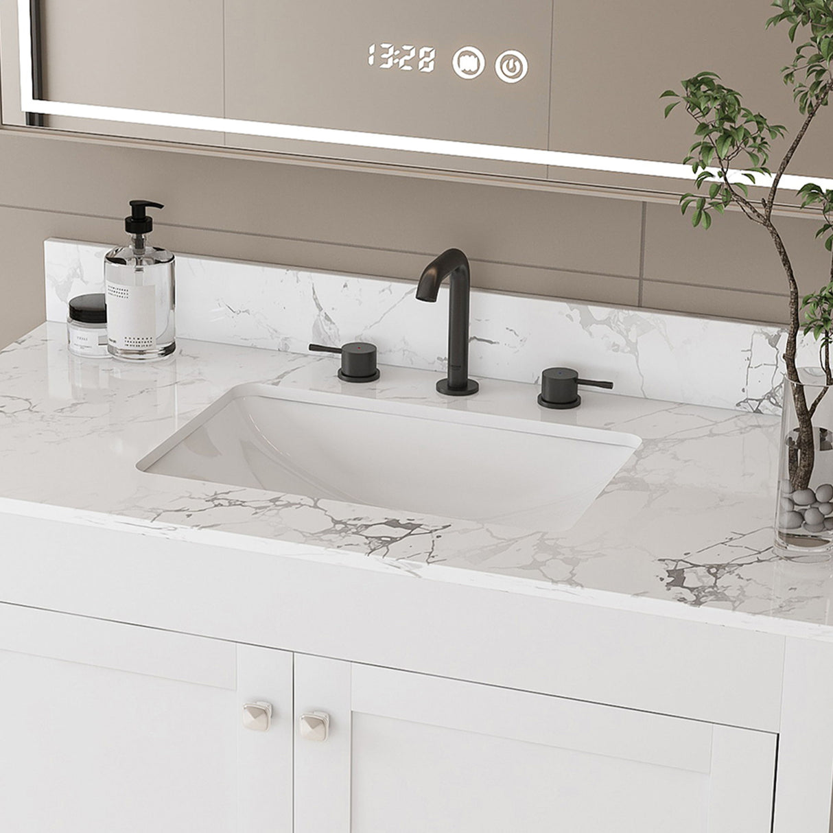 43" Bathroom Vanity With Artificial Marble Carrara Top Set, Multi Functional Bathroom Cabinet With Doors And Drawer - White