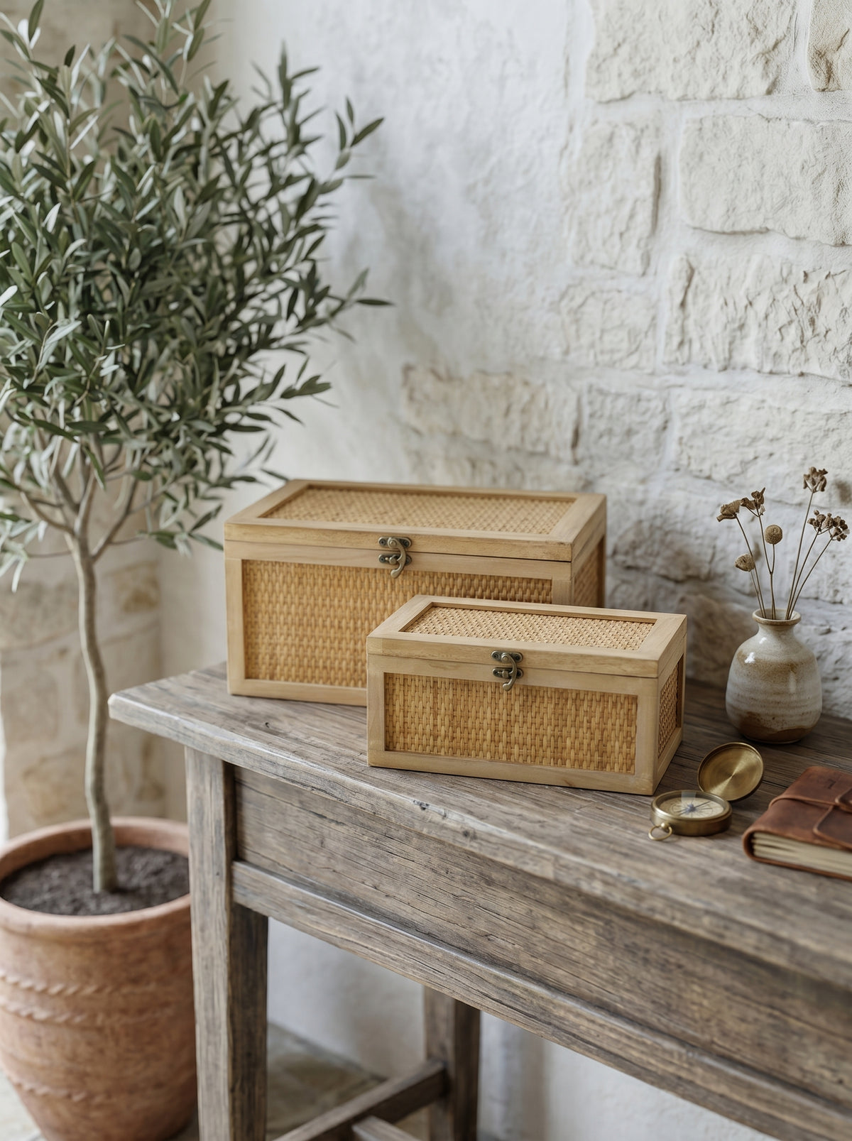 Set of 2 Woven Rattan Decorative Boxes