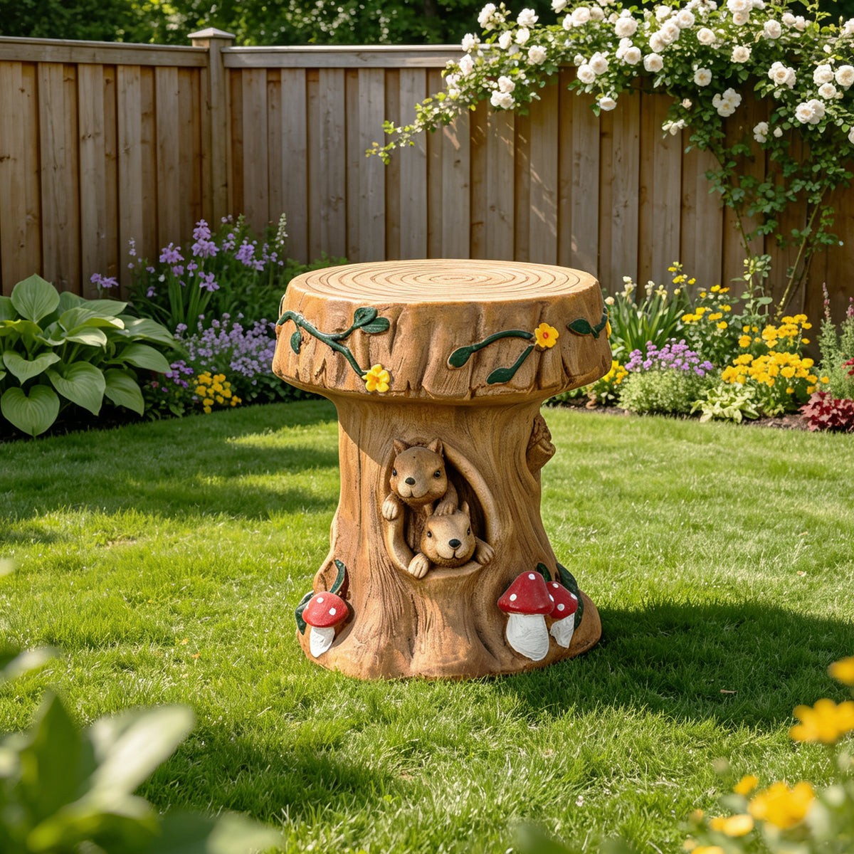 Squirrel Tree Stump Stool Garden Statue with Durable Magnesium Oxide – Brown