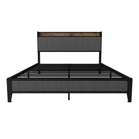 Bed With Charging Station, American Design Upholstered Headboard, Metal Platform