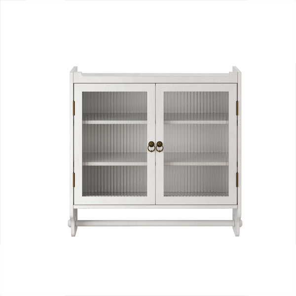 Vintage Double Door Wall Cabinet With Three Tiers Storage And Towel Rack - White Washed