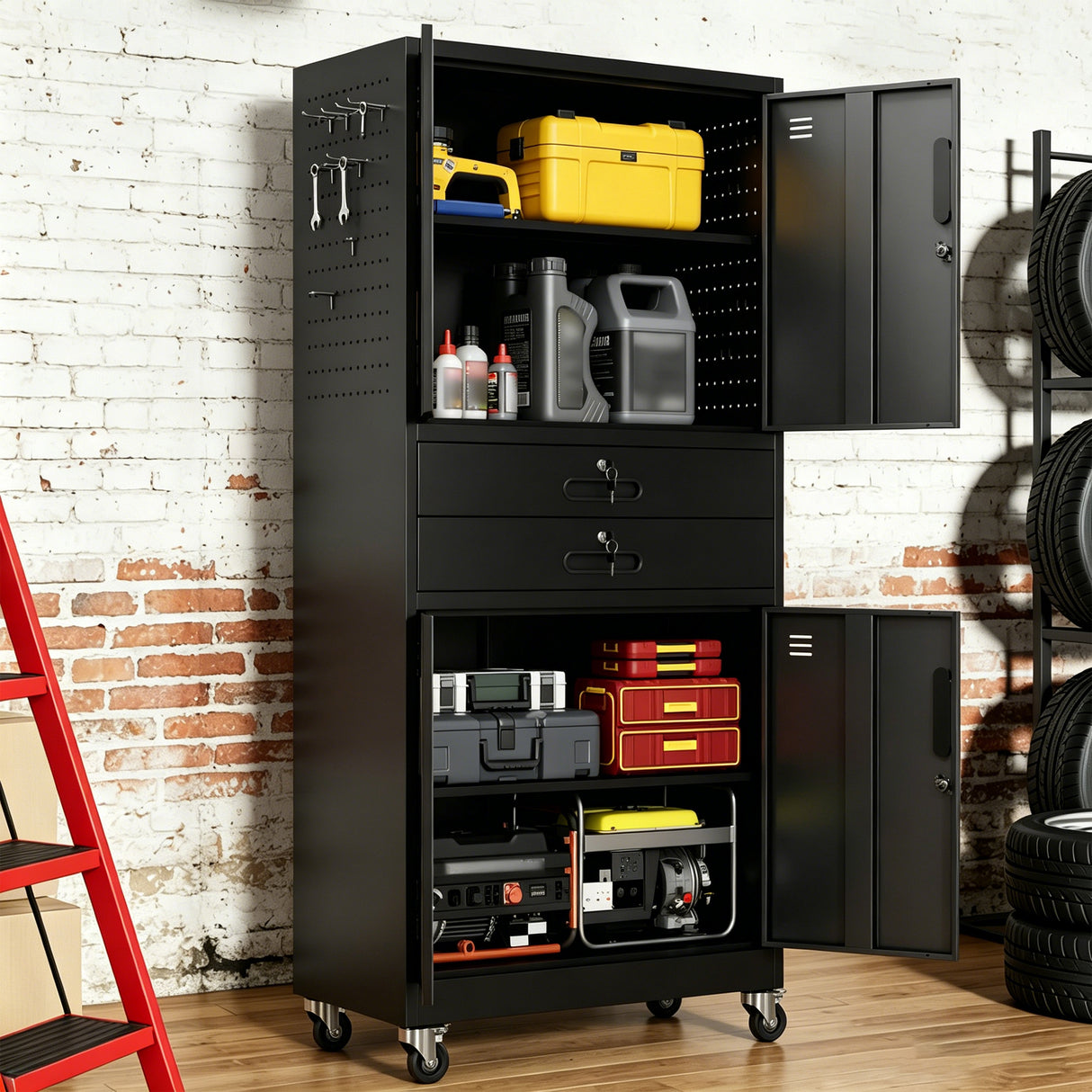 Metal Storage Cabinet with Two Drawers and Locking Doors
