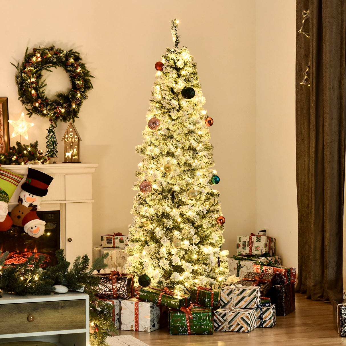HOMCOM 6ft Pre-Lit Snow-Flocked Slim Douglas Fir Christmas Tree
