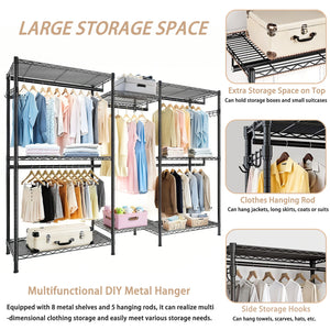 Heavy Duty Garment Rack With 8 Adjustable Wire Shelves And 5 Clothes Rails, Freestanding Closet Organizer Metal - Black