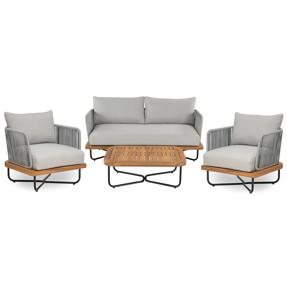 Lucca Outdoor 4-Piece Acacia Wood and Rope Woven Patio Conversation Set