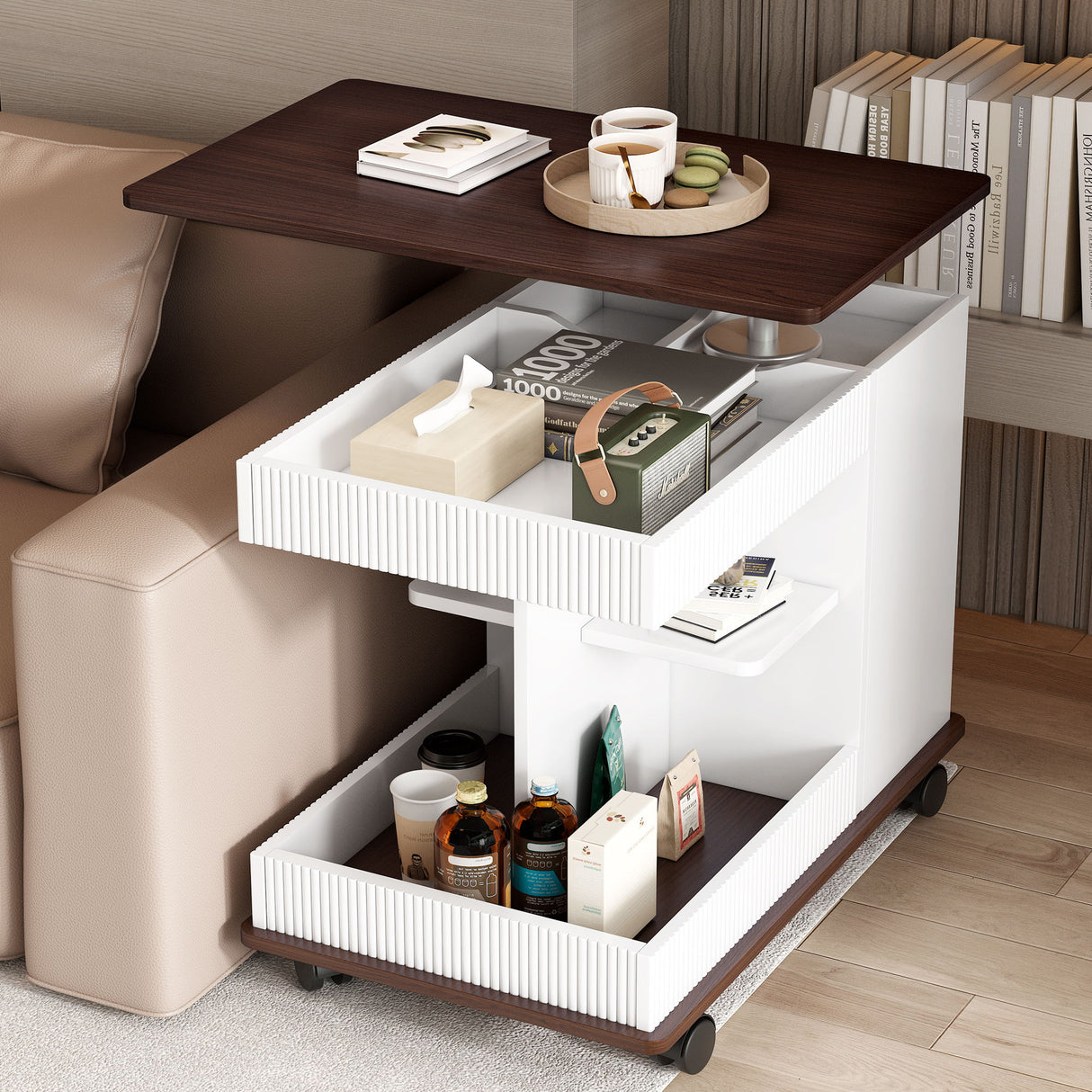 Adjustable End Table With Wheels, 360°Rotating Top And Storage Space