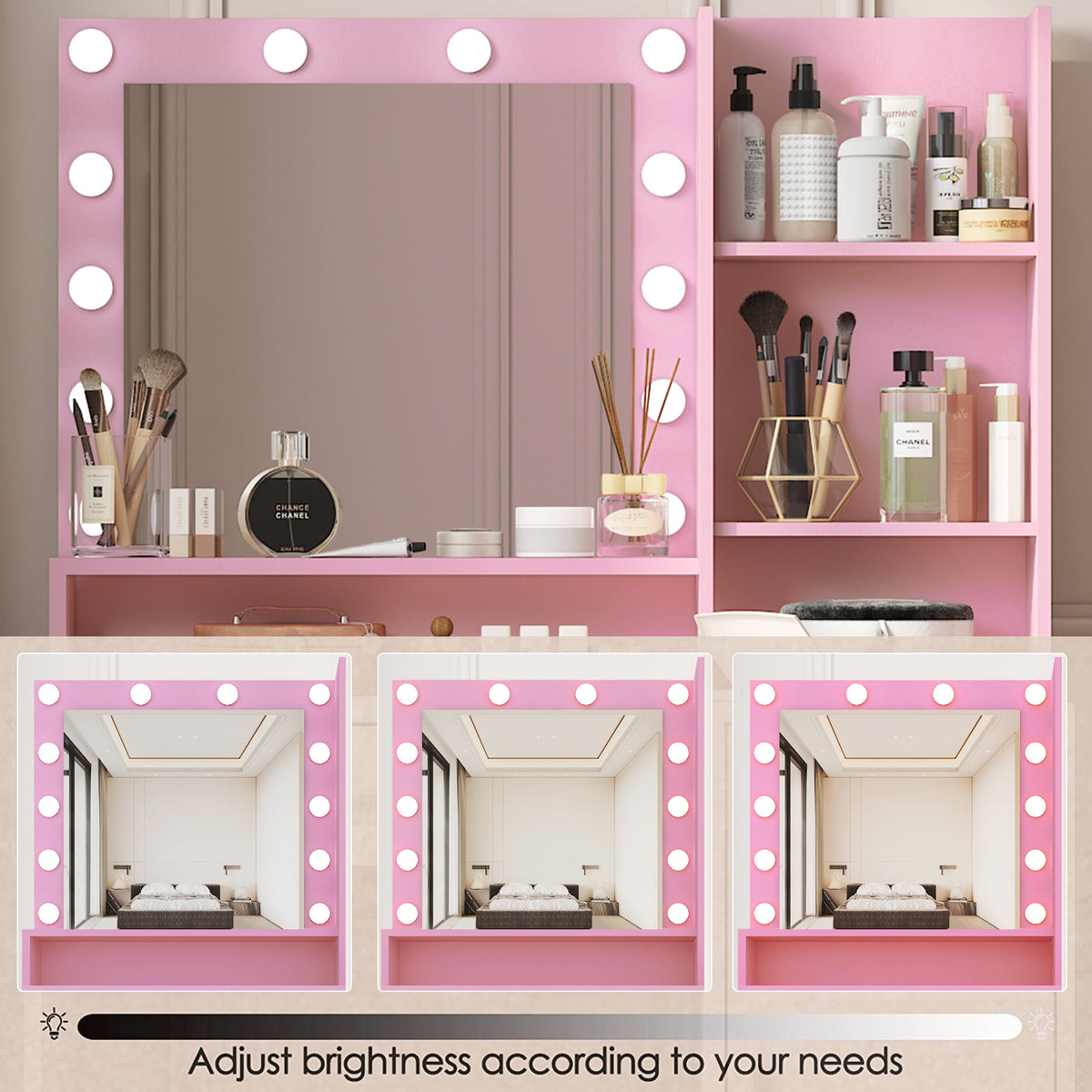 Pink Vanity Desk with Mirror & Light
