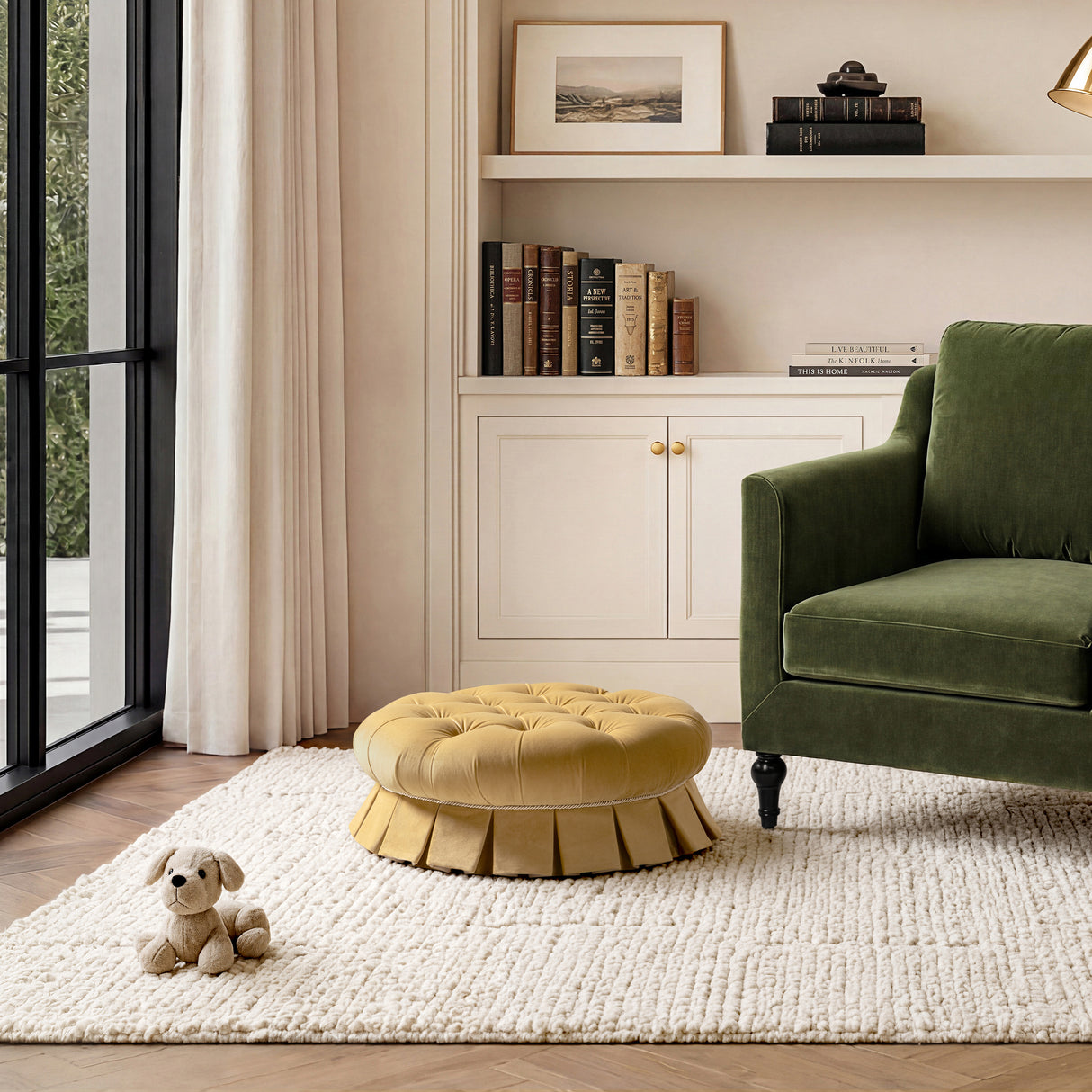 Roquefort 24.5" Round Tufted Velvet Pet Bed with Box-Pleated Skirt
