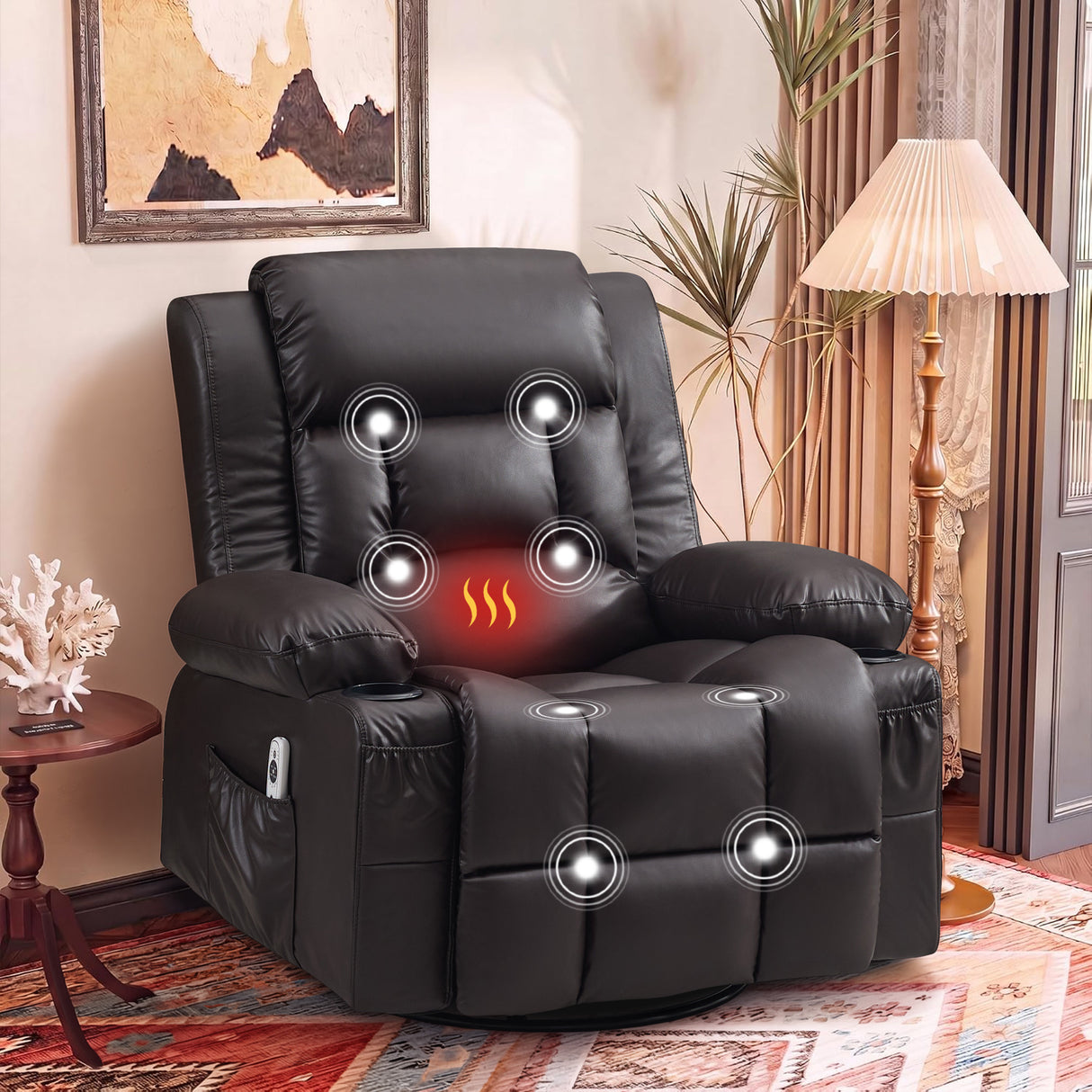 360° Swivel Rocker Recliner for Adults, Nursery Glider Recliner with Vibration Massage and Heat,Rocking Chair with Cup Holder, Manual Recliner Chair for Living Room, Bedroom (Leather,Brown)