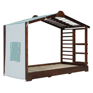 Twin Size House Bed with Trundle and Side Shelves - Pine & Plywood, White/Gray/Natural/Espresso