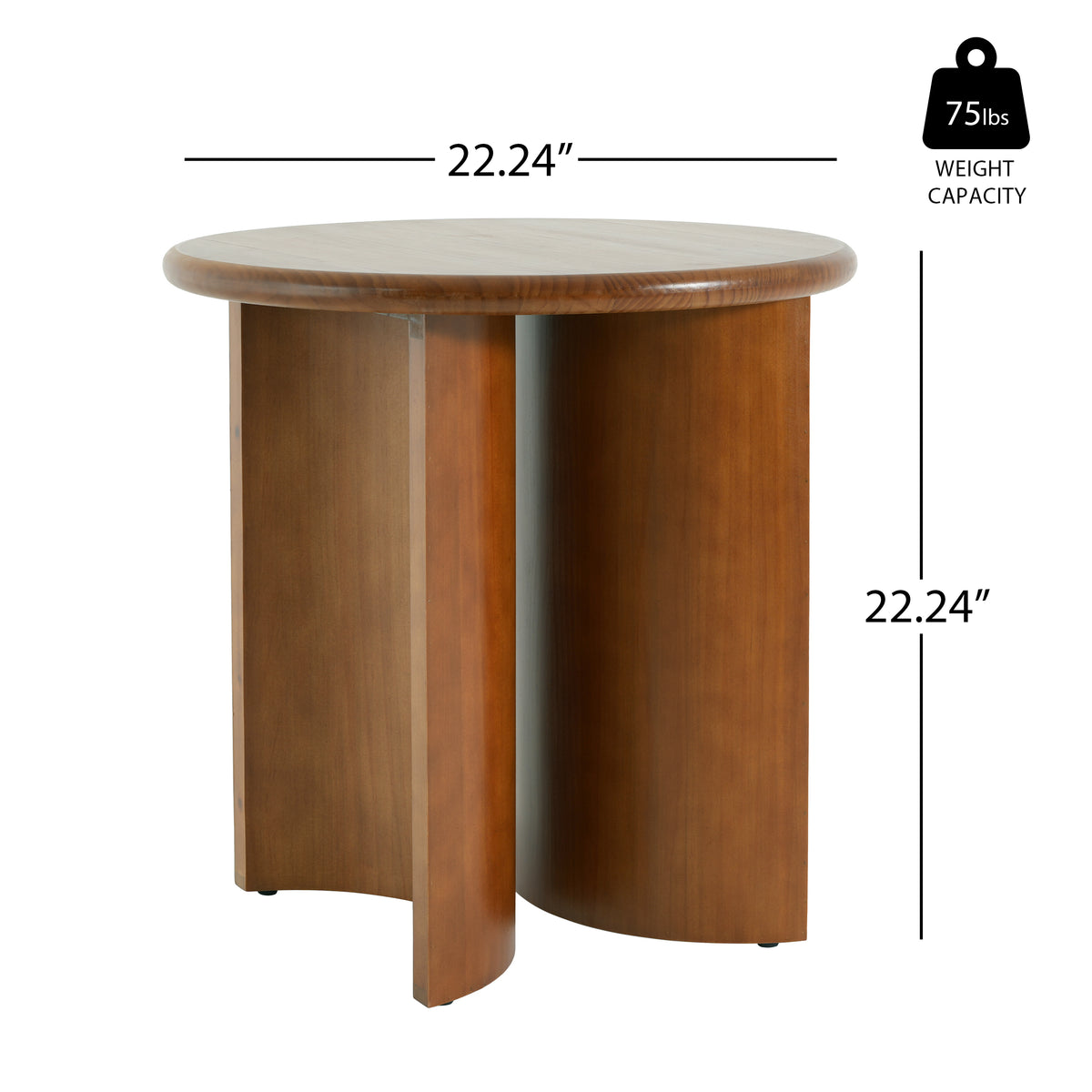 Walnut Finish Pine Wood Round Side Table with Unique Fan-Shaped Legs
