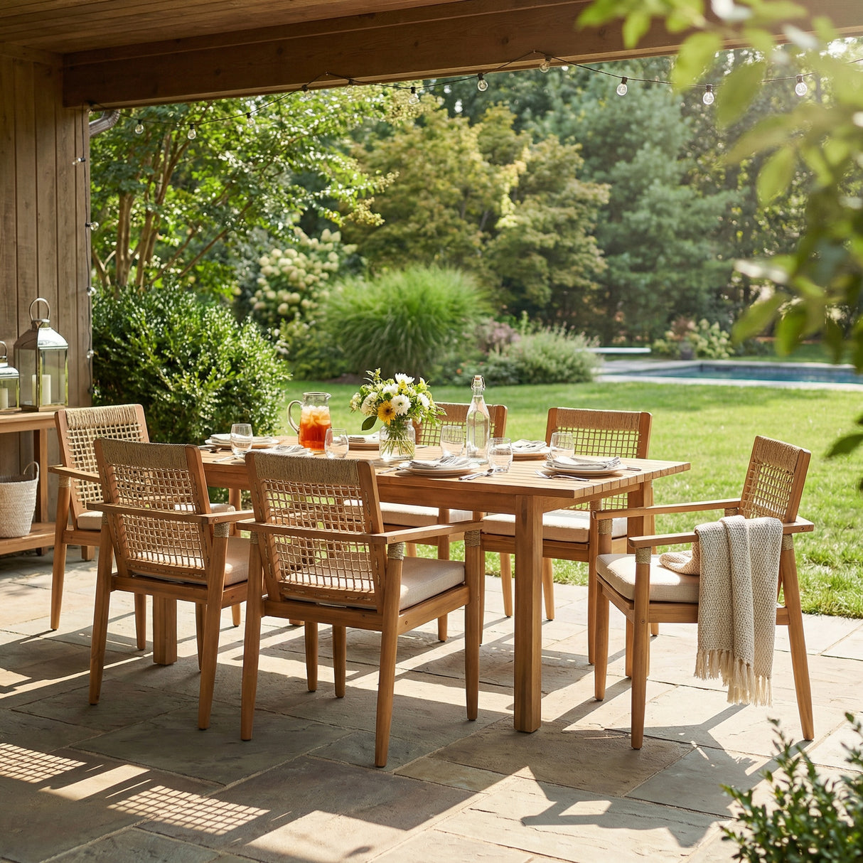 7 Pieces Acacia Wood Outdoor Dining Set with Cushions