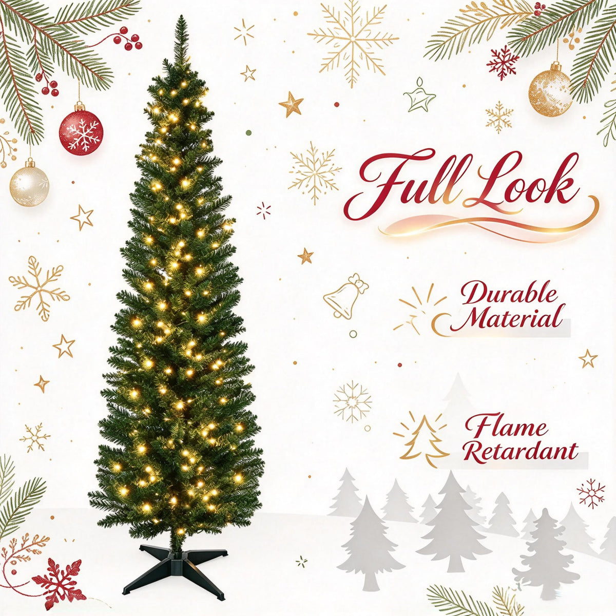 6 FT Pre-Lit Slim Noble Fir Pencil Christmas Tree, 390 Branch Tips, Warm White LED