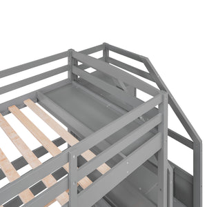 Twin Over Twin & Twin Bunk Bed With Drawers, Staircase Storage, Built In Shelves - Gray