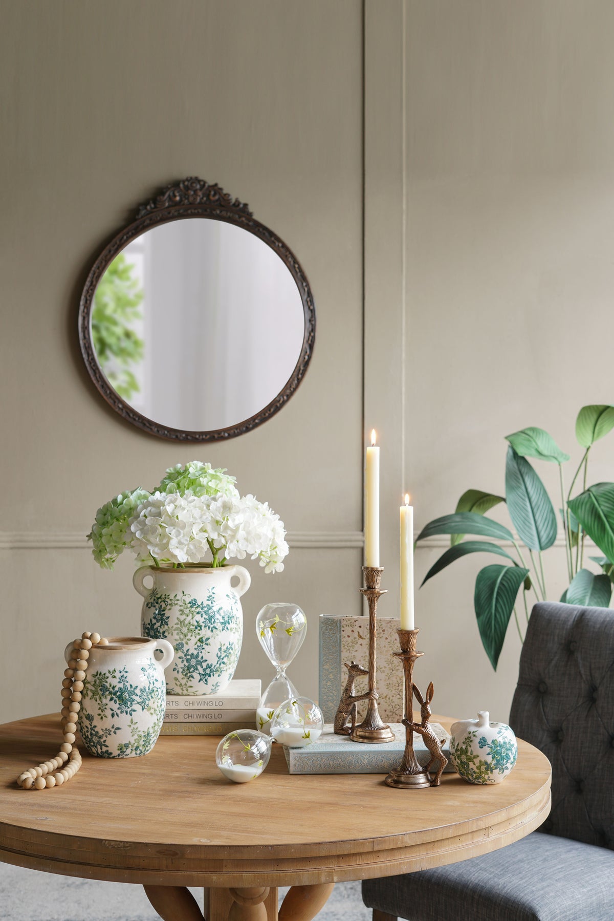31.5" Round Antique Wall Mirror with Hand-Carved Pediment - Wood