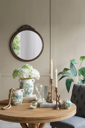 31.5" Round Antique Wall Mirror with Hand-Carved Pediment - Wood