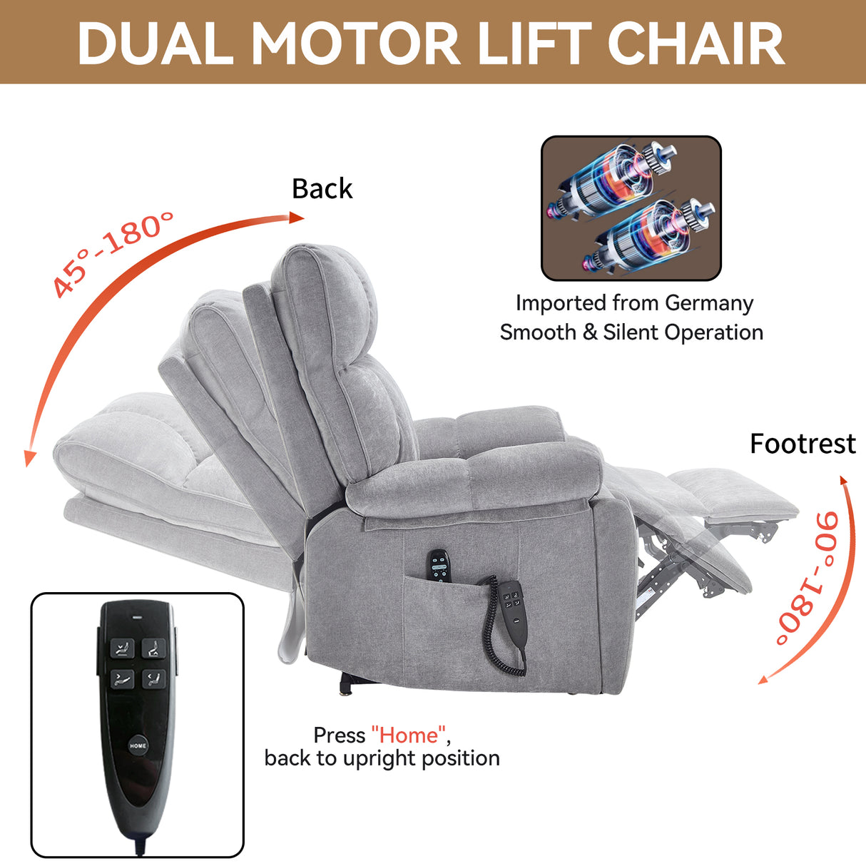 Grey Heat Massage Dual Motor Electric Power Lift Recliner