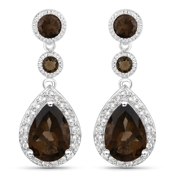 7.34 Carat Genuine Smoky Quartz and White Topaz .925 Sterling Silver Earrings