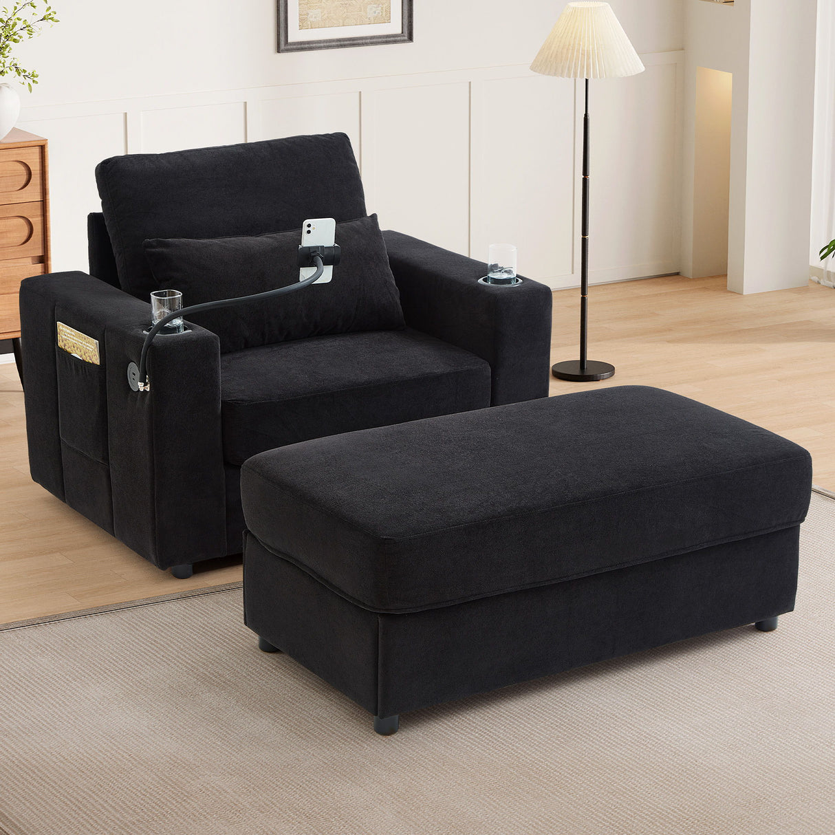 Modern Style Armchair Chaise Lounge Sofa Couch With Movable Storage Ottoman, USB Ports, Cup Holders, Phone Holder, Side Pockets