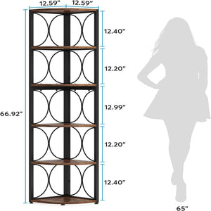 Tall 6 Tier Corner Bookshelf Storage Rack For Living Room - Rustic Brown