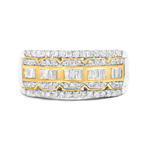 10K White and Yellow Gold 1.00 Cttw Baguette and Round cut Diamond Art Deco Multi-Row Ring Band (I-J Color, I1-I2 Clarity) - Ring Size 7