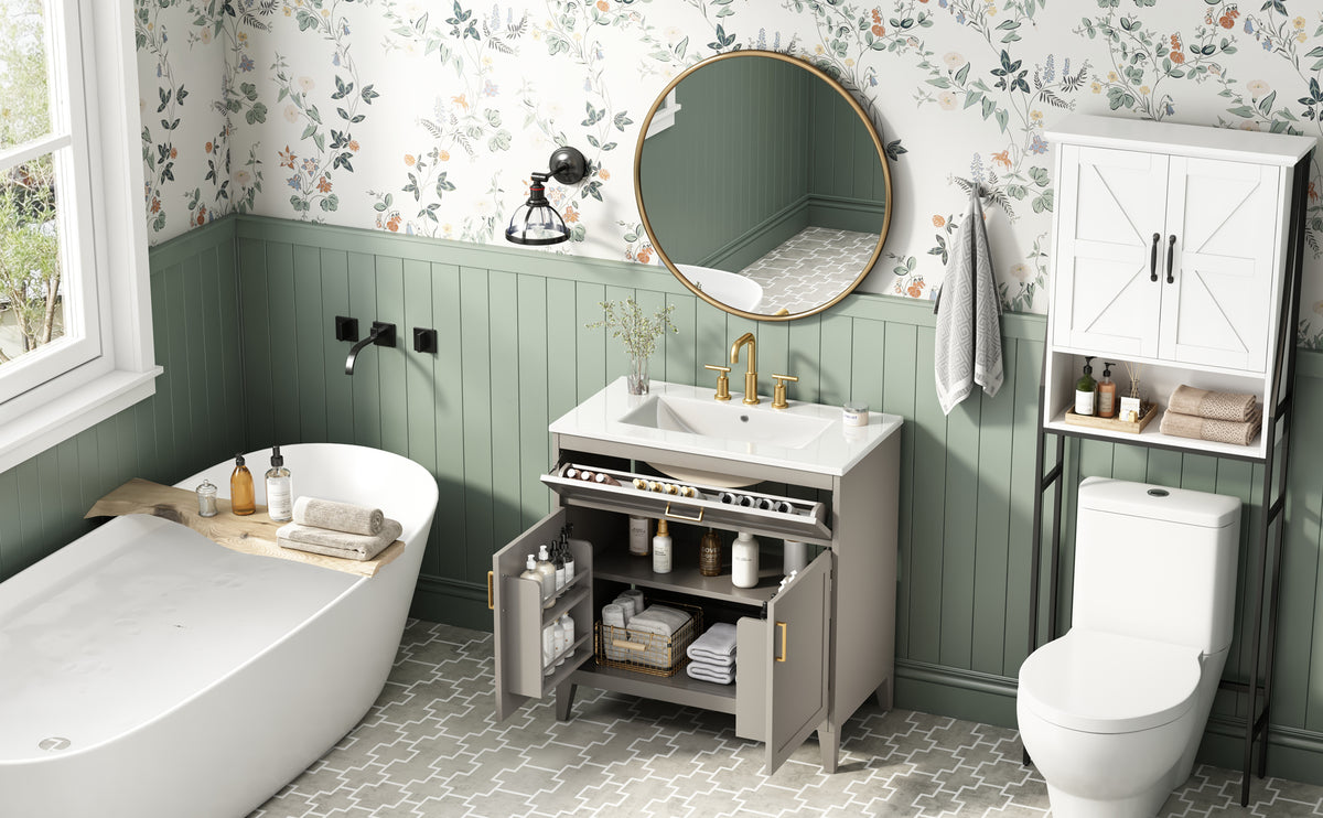 30" Bathroom Vanity with Ceramic Sink Top, Solid Wood Legs