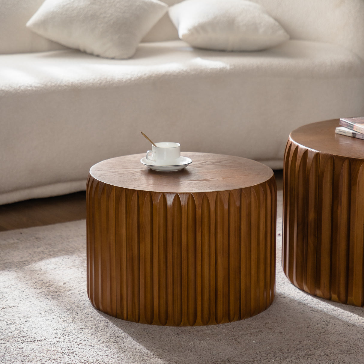 Set of 2 Fluted Round Coffee Tables - Mid-Century Modern Wood