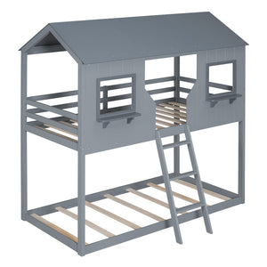 Twin Over Twin Bunk Bed With Roof, Window, Guardrail, Ladder