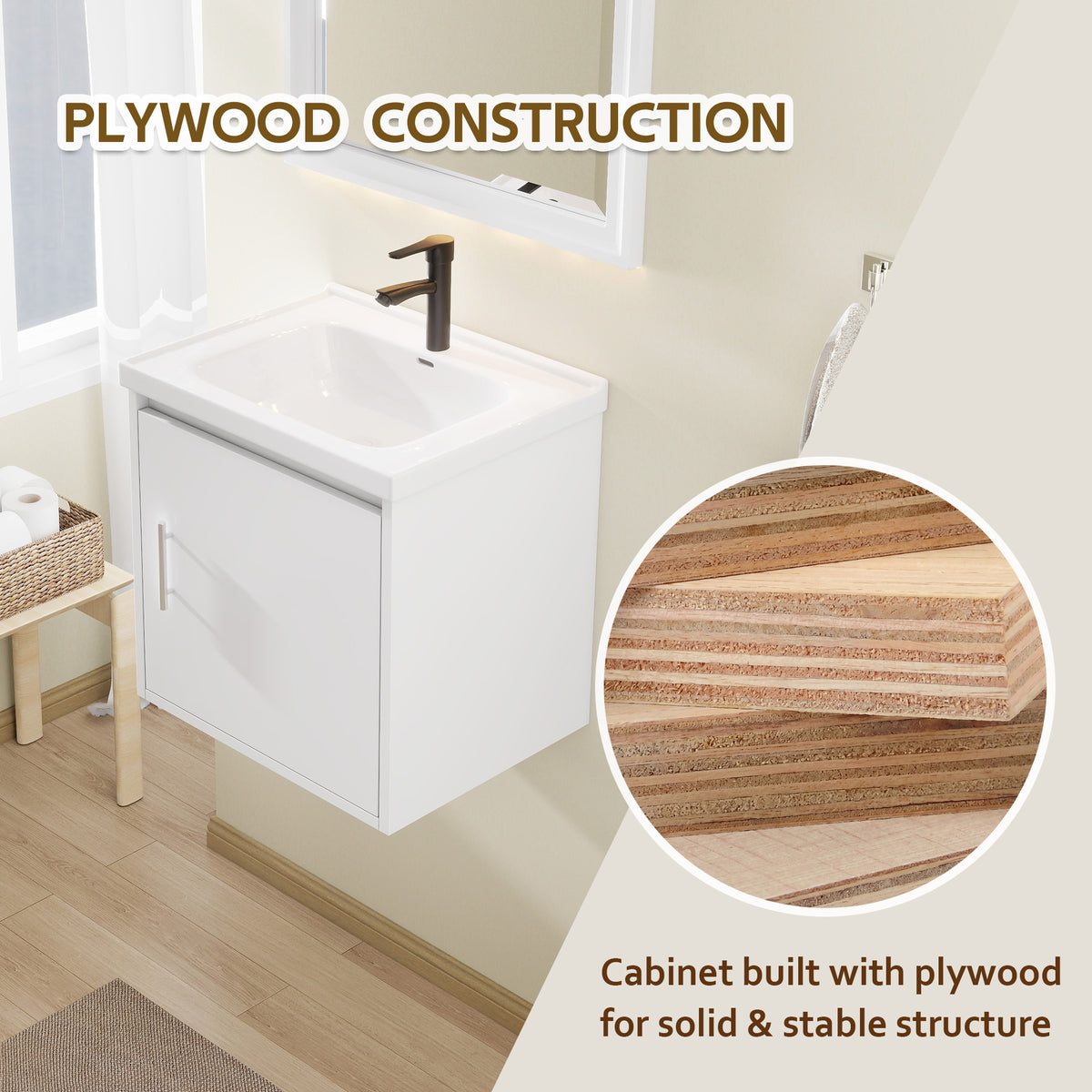 20" Floating Bathroom Vanity, Wall Mounted Plywood Cabinet