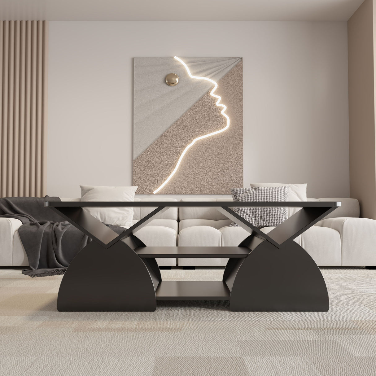 Geometric Engineered Coffee Table With Rounded Corners With Open Shelves