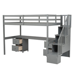 Loft Bed Frame With Built In Desk And Double Storage Drawers