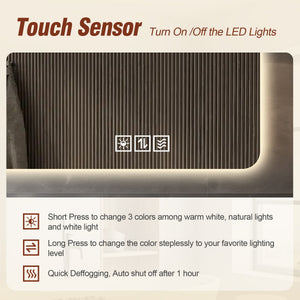 Wall Mounted LED Lighting Mirror With 3 Color Lighting, Dimming, Waterproof, Anti Fog, Touch Switch - Silver
