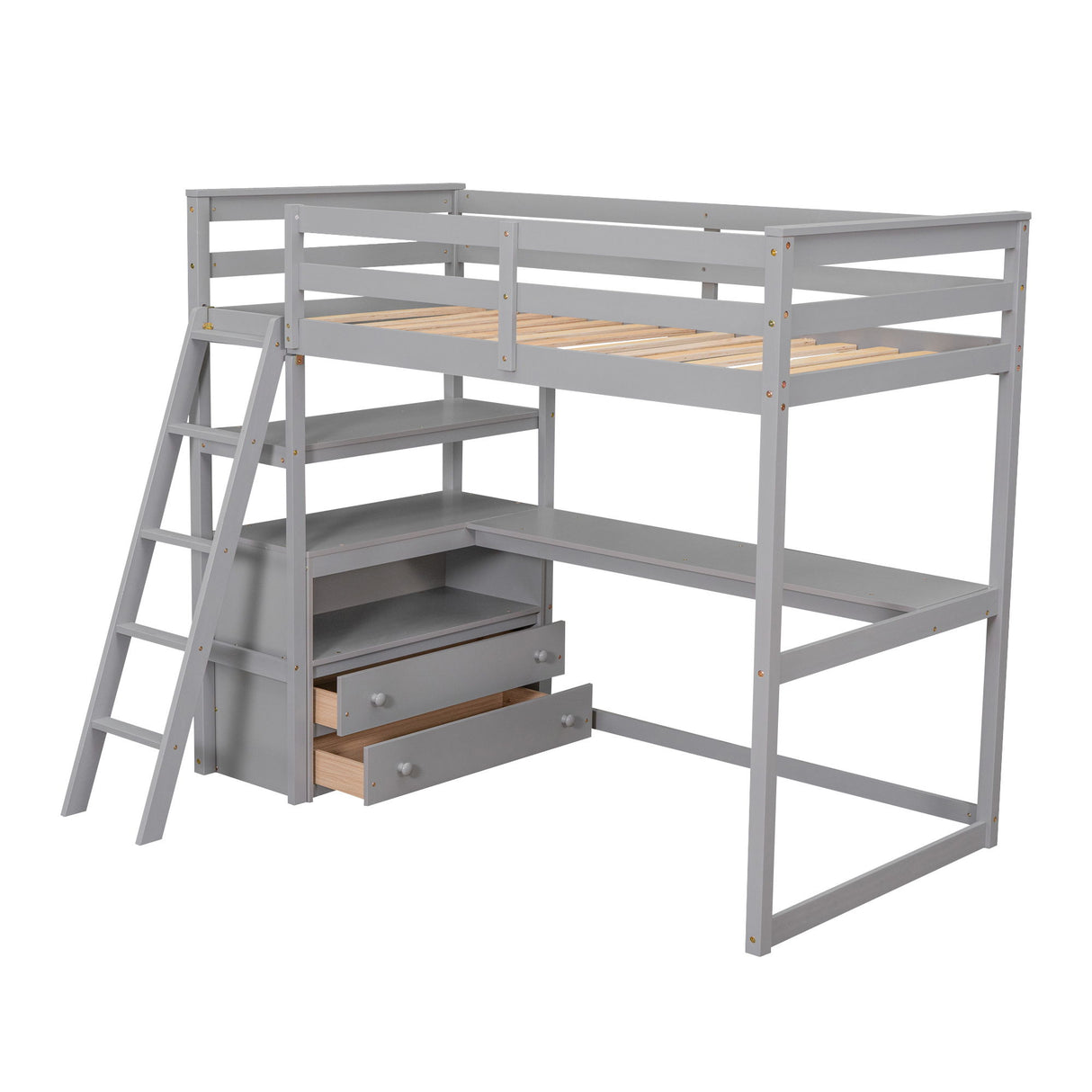 Modern Loft Bed With Built In Desk, Shelves, And 2 Drawers